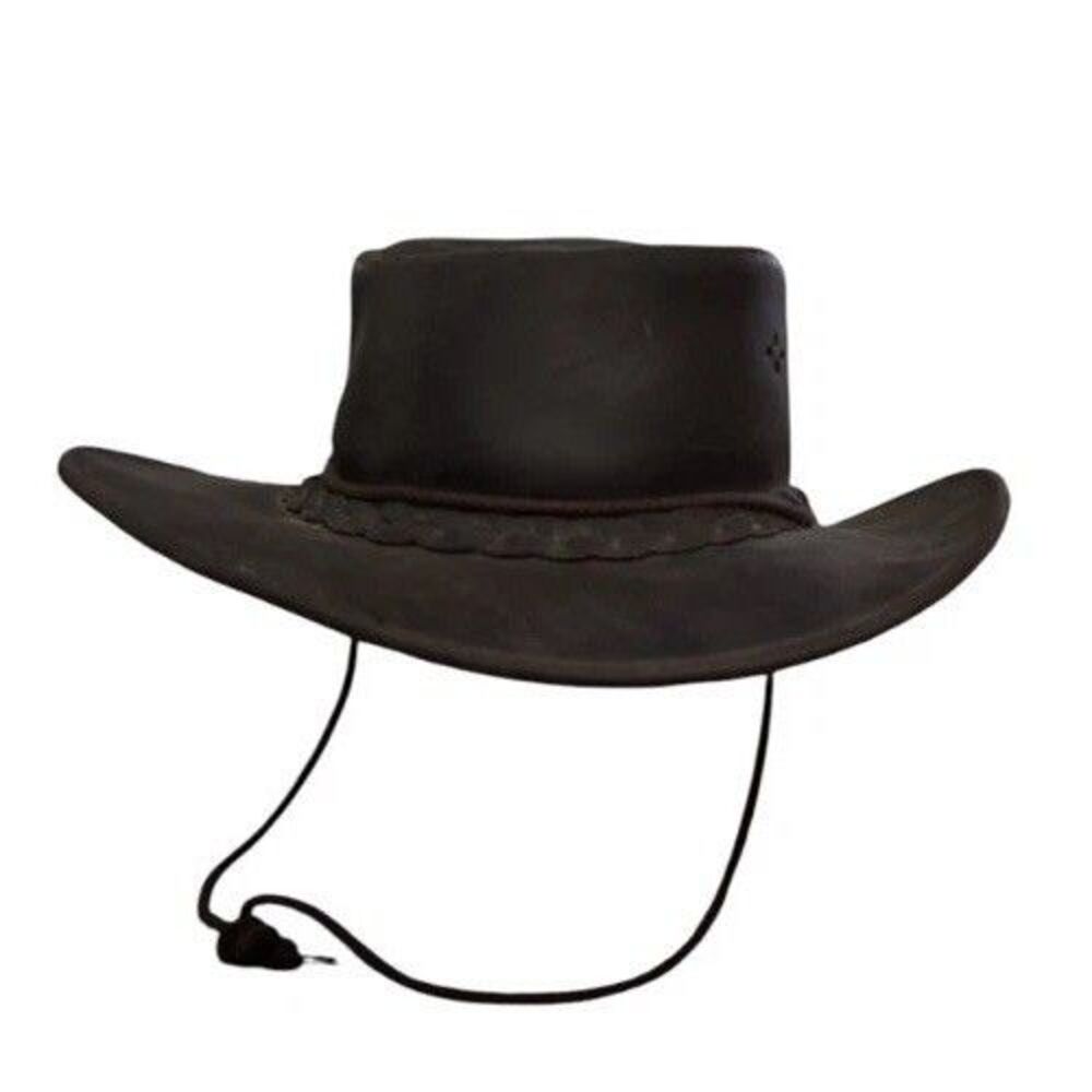 Aussie Bush Western Outback Brown Leather with Chin Strap Cowboy Hat Size M